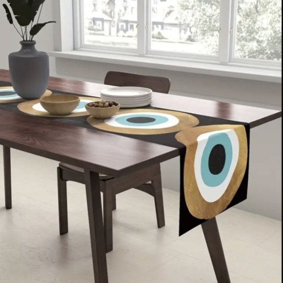 **1 DAY SALE** Boho/Bohemian Evil Eye Table Runner Black Gold Blue White Circles - Picture 6 of 6